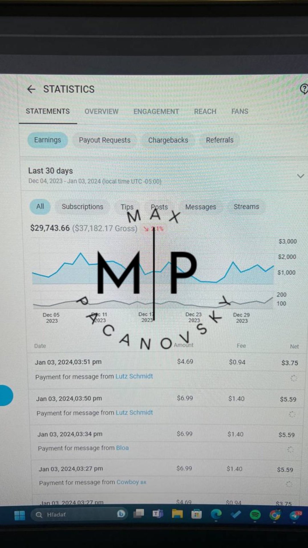 Důkaz výsledků – earnings screenshot